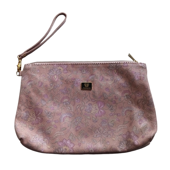 Ferchi Cosmetic Travel Bag Floral Spain Genuine Leather Metallic Pink Wristlet - Picture 1 of 5